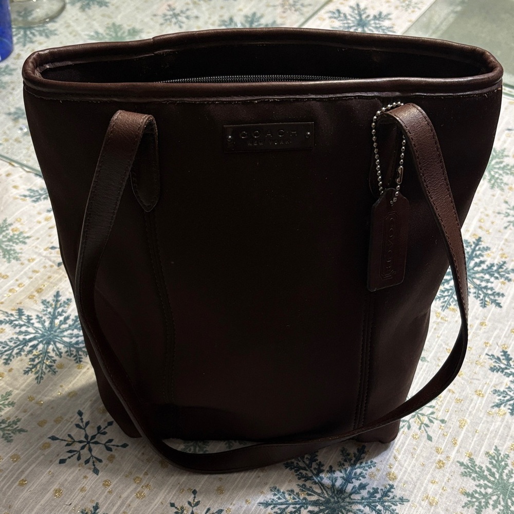 Coach Dark Brown Fabric Shoulder Bag w/ Leather Trim